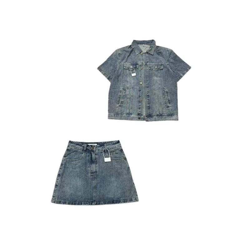 Women's Summer Retro Loose-Fit Denim Two-Piece Skirt and Shirt Set