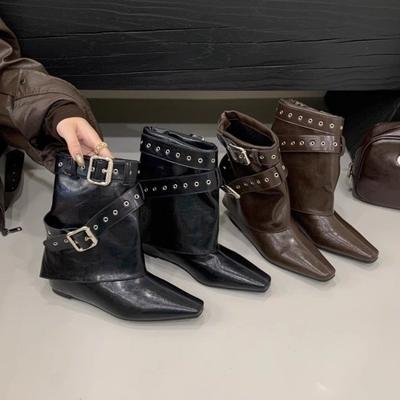 Innere Erhöhung Niedriger Absatz Einzelstiefel Herbst Neu Spitzzehe Nieten Metallschnalle Rutschfest Verschleißfest Mittelhohe Stiefel