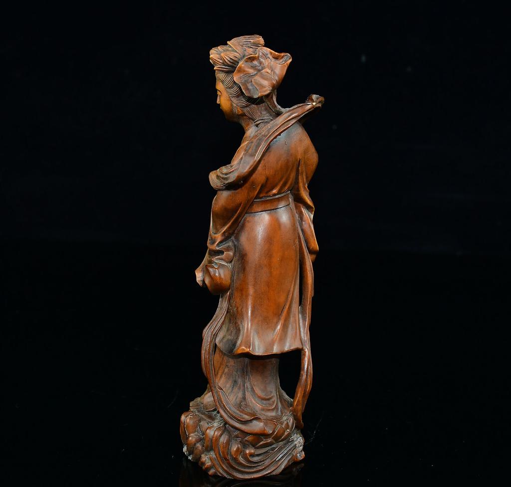 Cutie Antică Chineză din Lemn de Cimișir Sculptat Statuetă Sculptură Femeie Frumoasă Decor Acasă Artă