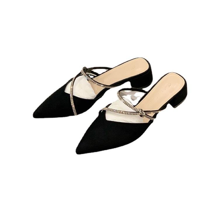 Grape mother new French elegant pointed sandals diamond belt one pedal thick heel half slippers female mueller outer sandals