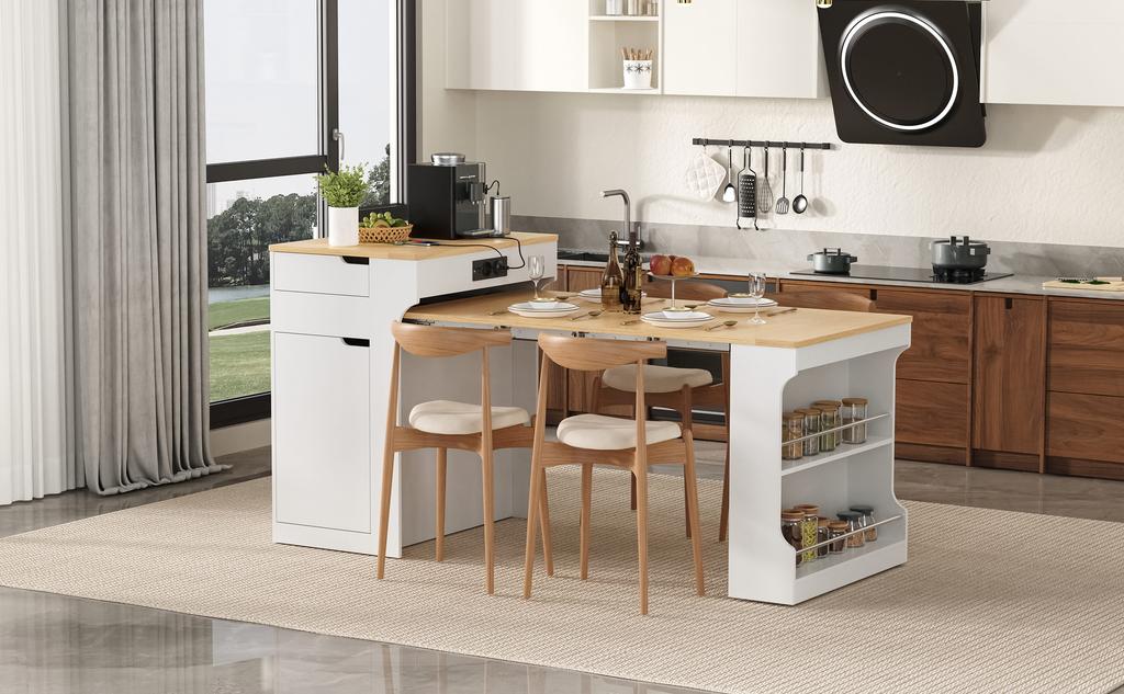 Kitchen Island with Casters, Extendable Dining Table with Power Strips and Two Drawers, Serves As Sideboard or Buffet for Dining Room (White)