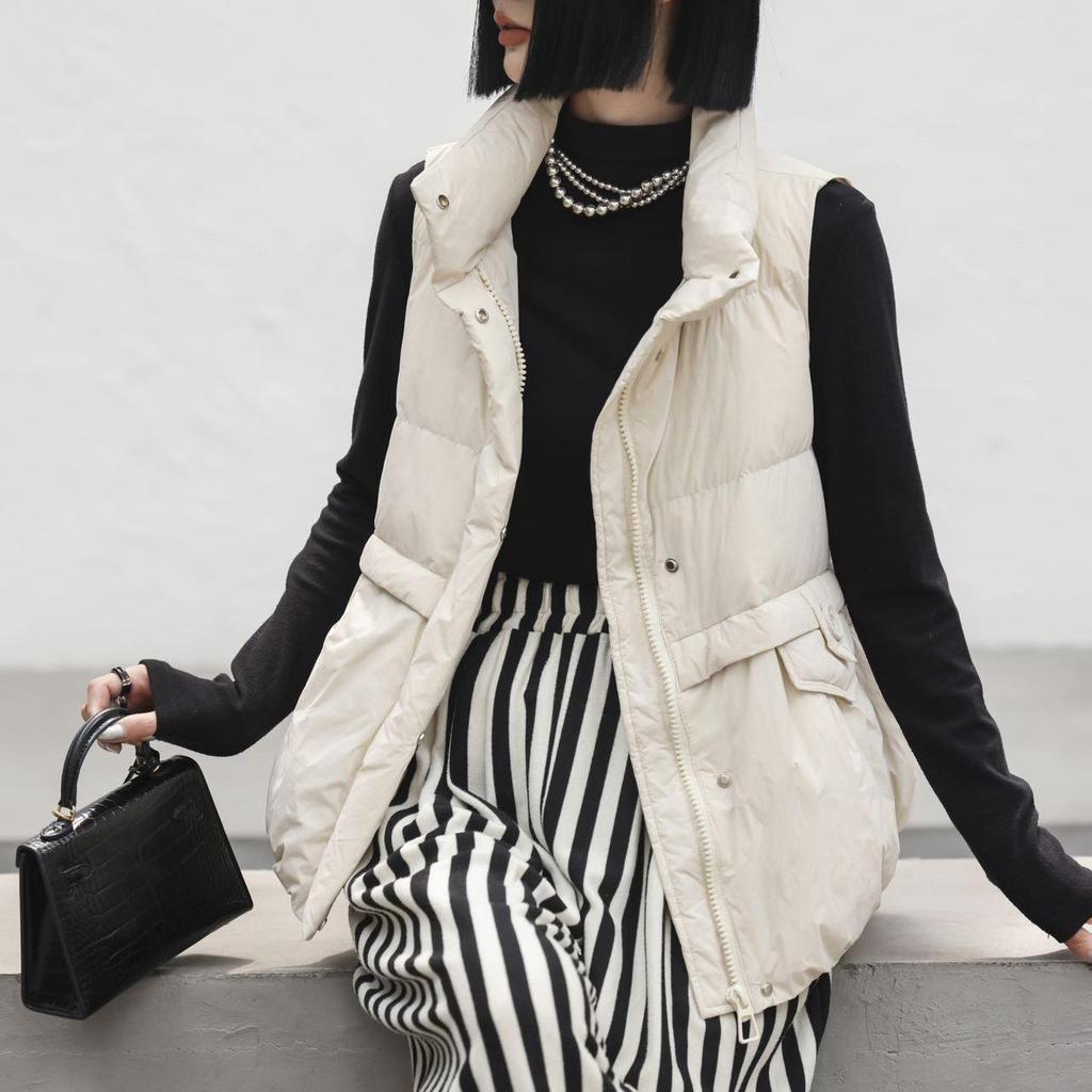 Damer Lett Vekt Ståkrage Termisk Sømløs Ermeløs Hvit Dunjakke Vest Løs All Match Chic Lomme Veste