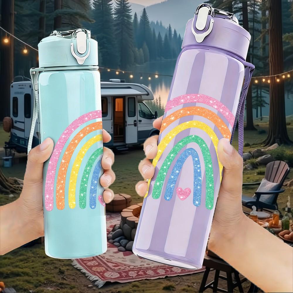 1PC Soft Pastel Rainbow Sky Print 750ml Color Plastic Sports Water Bottle Leakproof Flip Straw Lid Suitable for Sports Office Home Use