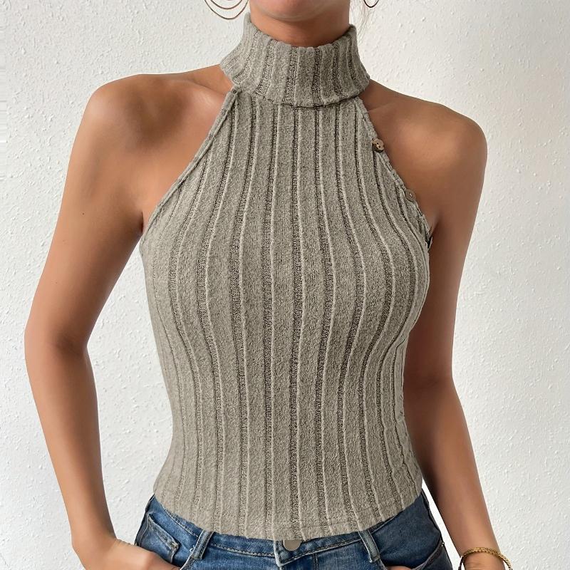 

Модная летняя новая вязаная блузка без рукавов, женская облегающая укороченная майка со стойкой, женская элегантная однотонная повседневная трикотажная рубашка, женская одежда 24437 L хаки