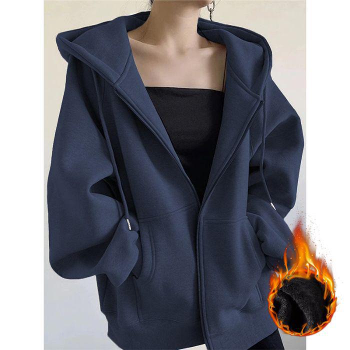 Women's Autumn/Winter Plus Velvet Zipper Cardigan Hoodie - Thick, American-Style, Loose Fit, Slimming Top