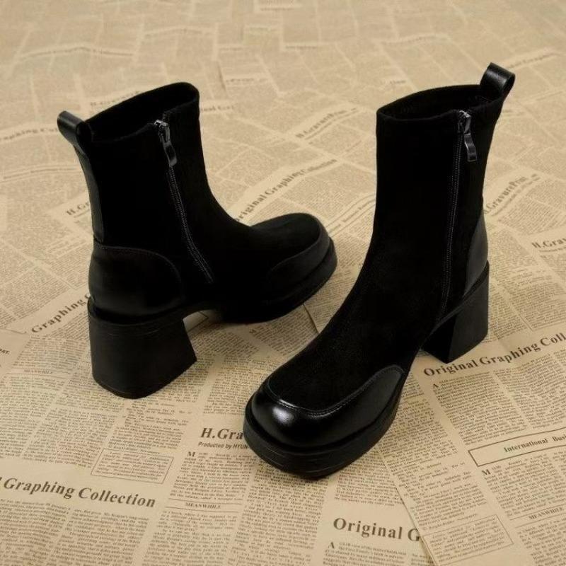 Mittelstiefel Damenmode dicker Absatz dünne Stiefel Frühling und Herbst Einzelstiefel neue Herbst- und Wintermittelabsatz Lammfellstiefel Kurzstiefel