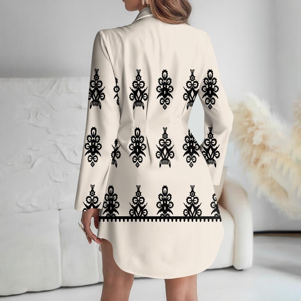 Women's Loose-fitting V-neck Long-sleeved Dress Print Work Shirt Dress