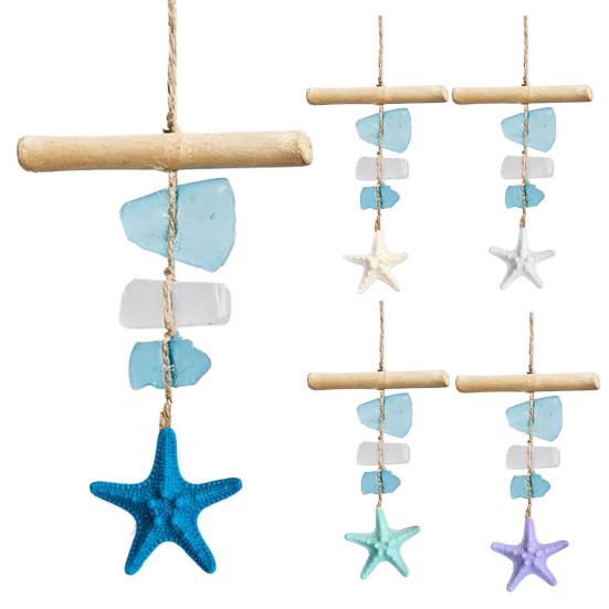 Seaglass Hanging Decoration Handmade Bohemian Coastal Nautical Starfish Sea Glass Art Home Office Beach House Wall Ornament Pendant