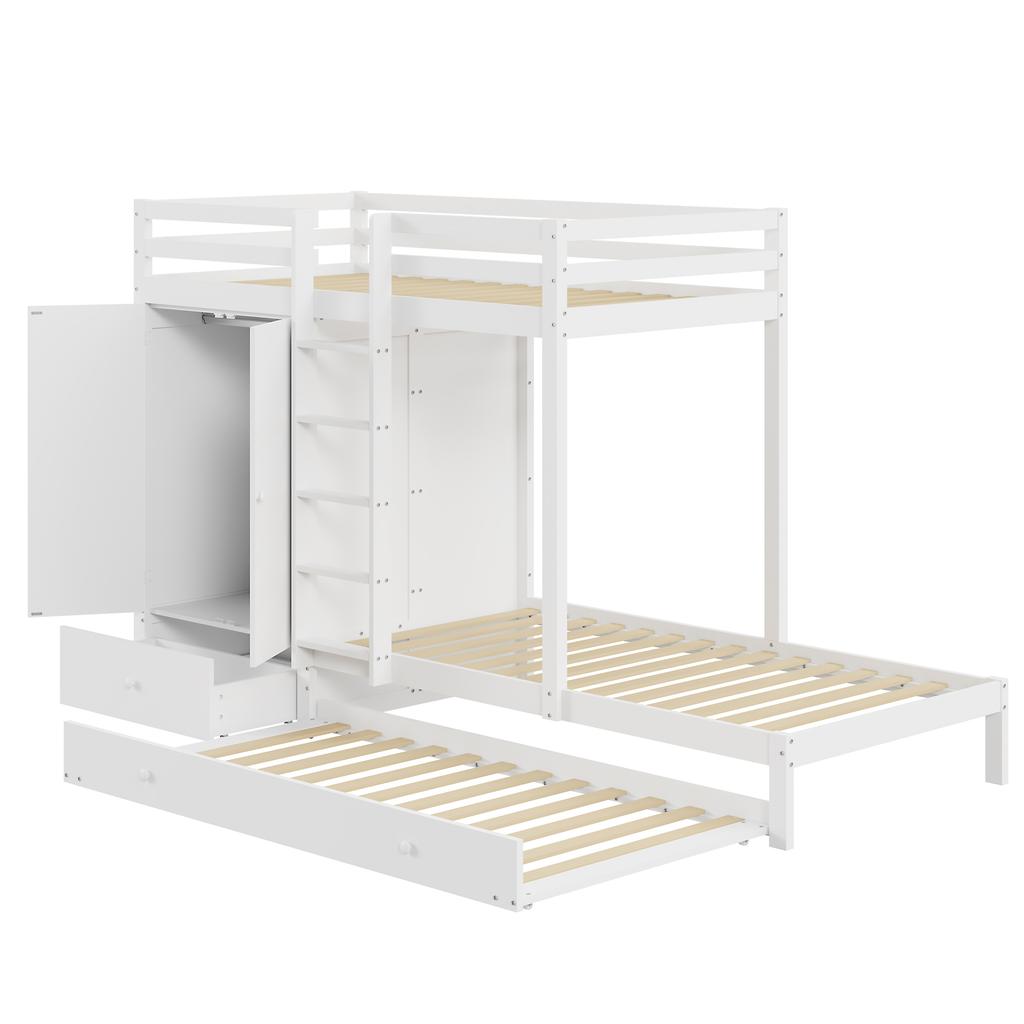 Massivholz-Etagenbett 90*200 mit Ausziehbett, Multifunktionales Kinderbett mit Kleiderschrank, Schubladen und Staufach, Weiß