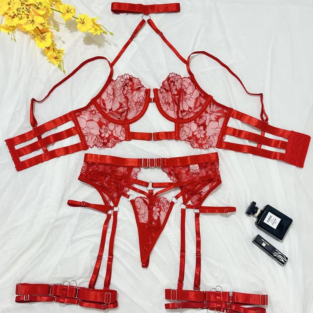 Sexy Skeletonized Erotic Lingerie Set Bandage Neck Ring Bra Lingerie Lace Underwear Thong Low Waist G-String Erotic Set