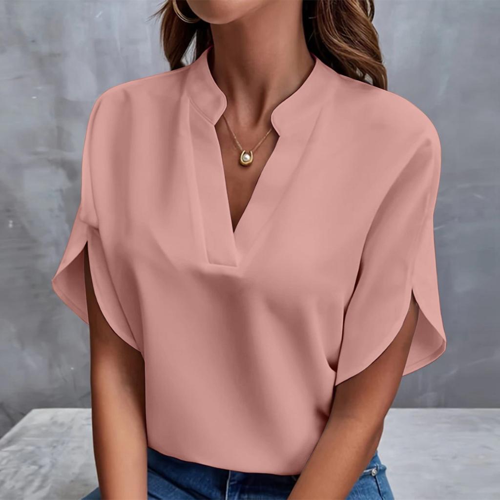 Spring And Summer V-neck Solid Color Casual Versatile Short-sleeved Pullover Shirt