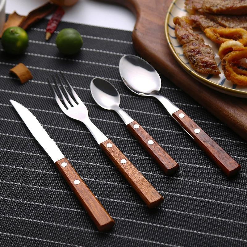 4-Piece Wood Flatware Set Premium 18/8 (304) Stainless Steel Cutlery Set Wooden Dinner Knife Dinner Fork DinnerSpoon Set