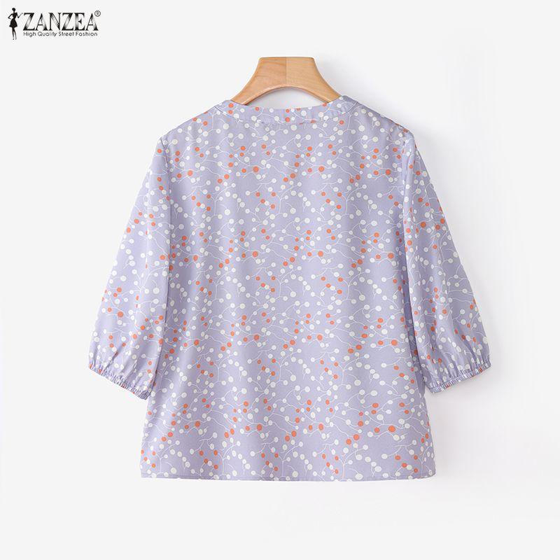 ZANZEA Damen Lässige Runde Hals Polka Dot Druck Locker 3/4 Ärmel Bluse