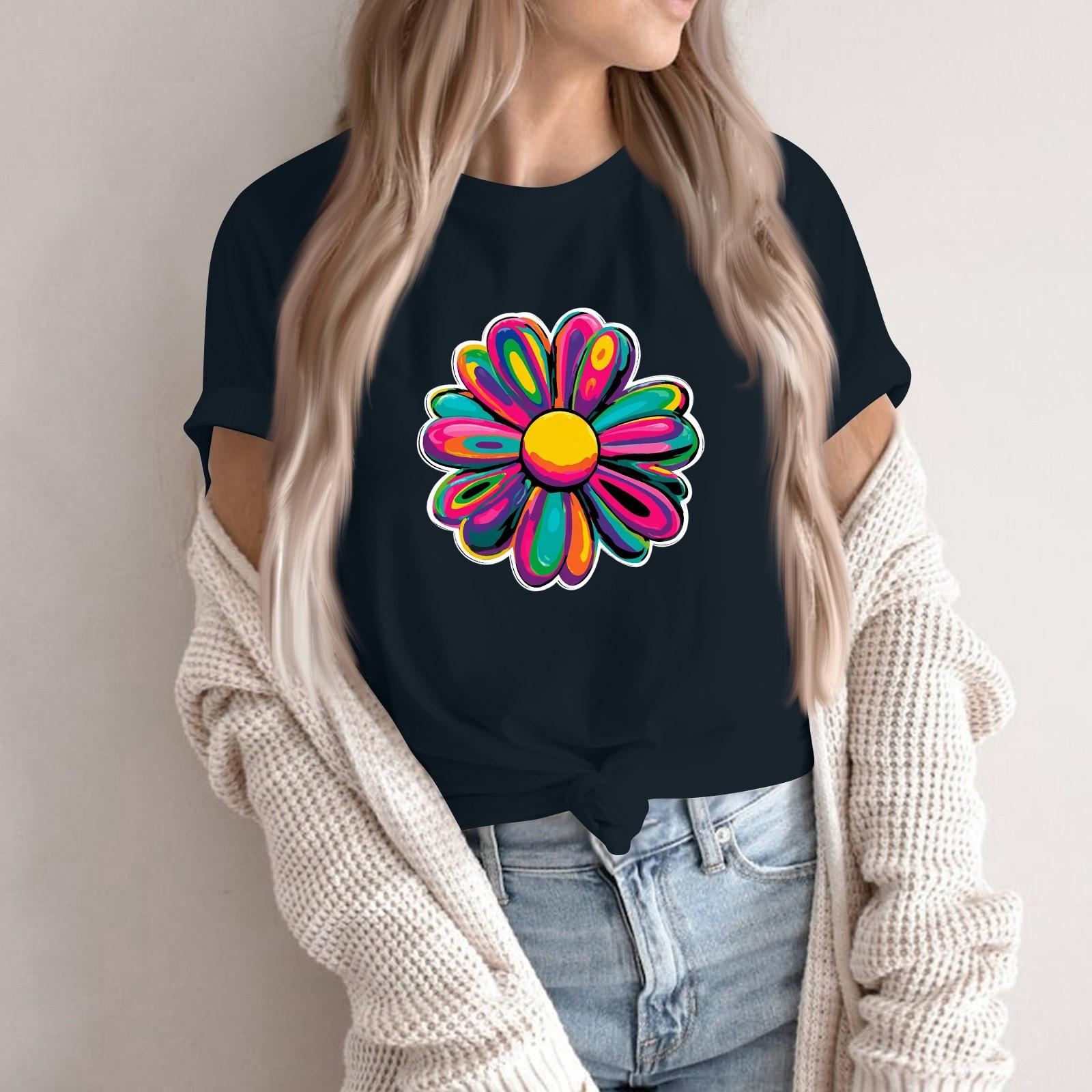 

Women s Fashion Casual Printed Round Neck Short Sleeved Pullover T-Shirt Top S Темно-синій