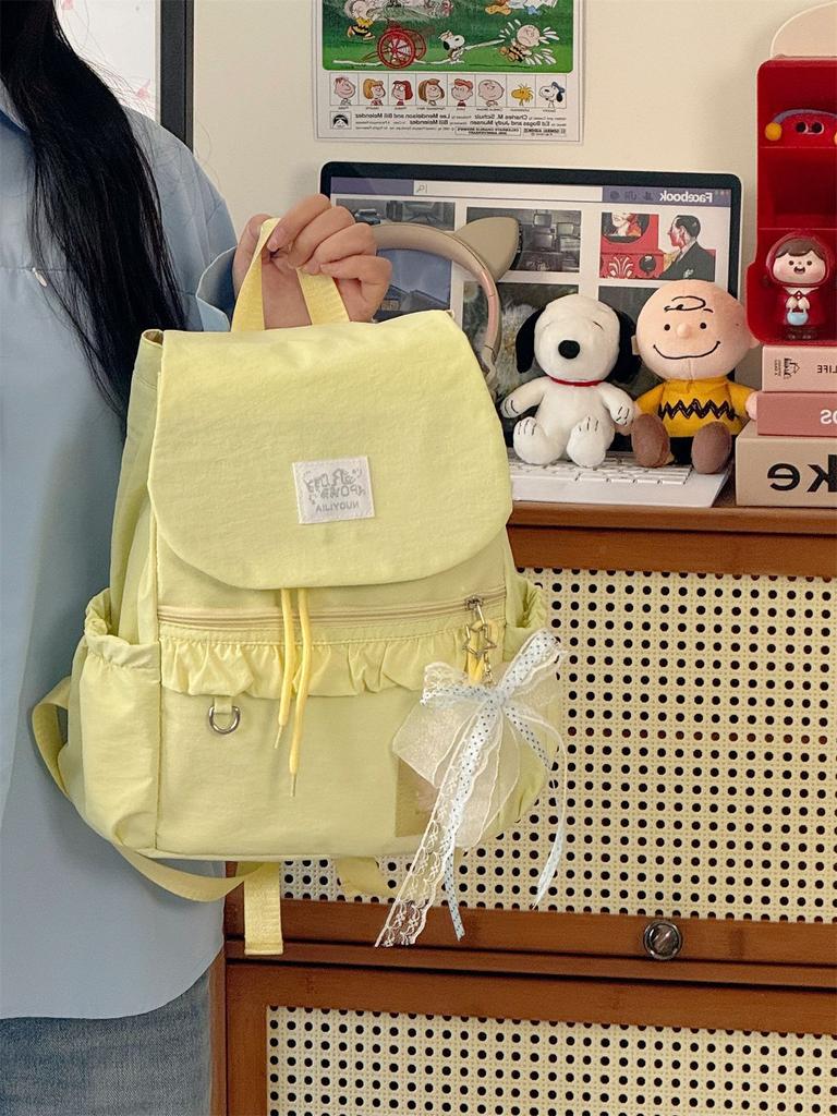 Schoolbag Korean ins milk mist blue yarn with lace bow drawstring backpack sweet little fairy traveling shopping small backpack