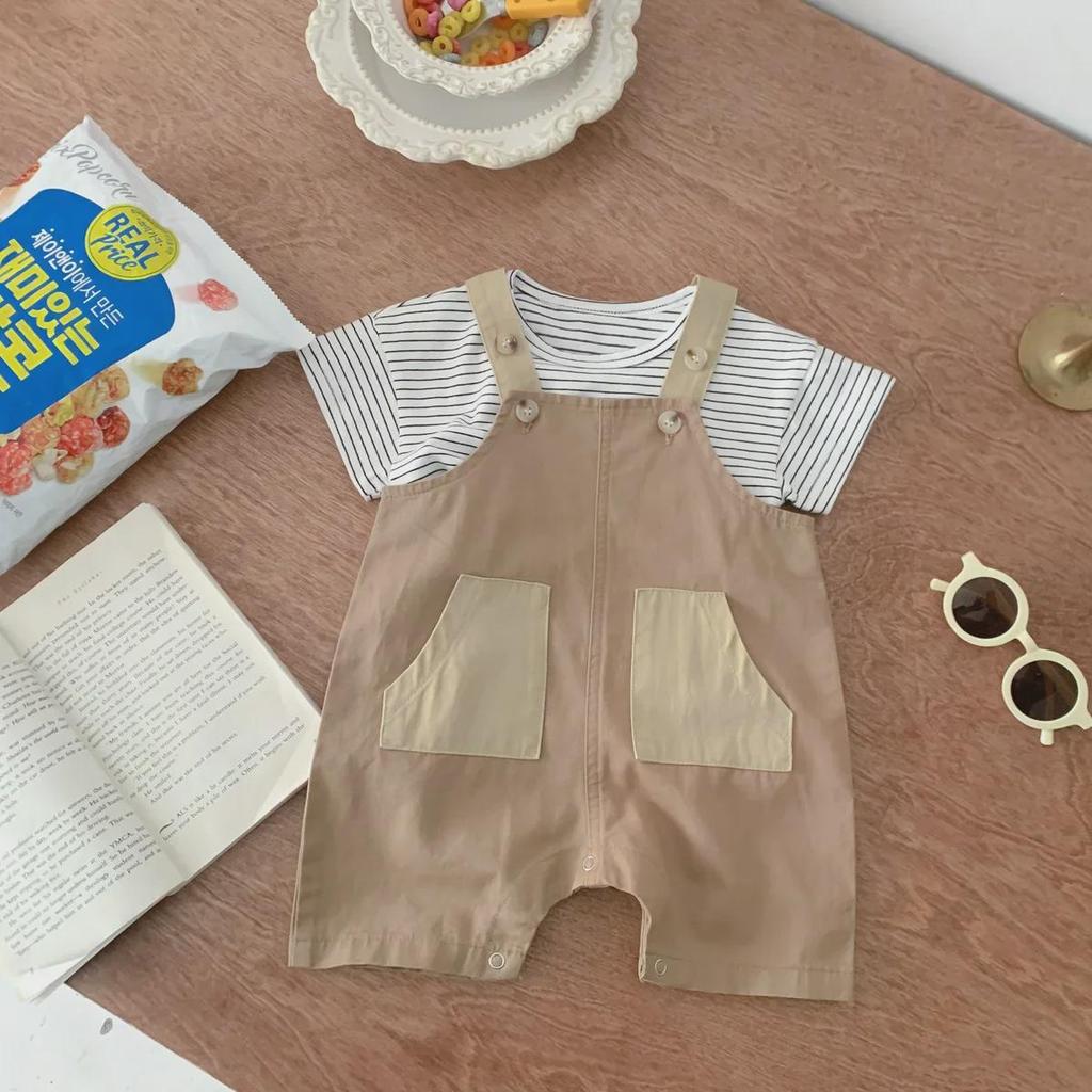 Korean-Style Baby Overalls: Unisex Infant Shorts with Pockets and Suspenders