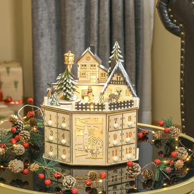 Wooden Advent Calendar Traditional Christmas Decor,Creative,Sturdy with 24 Drawers,LED Home