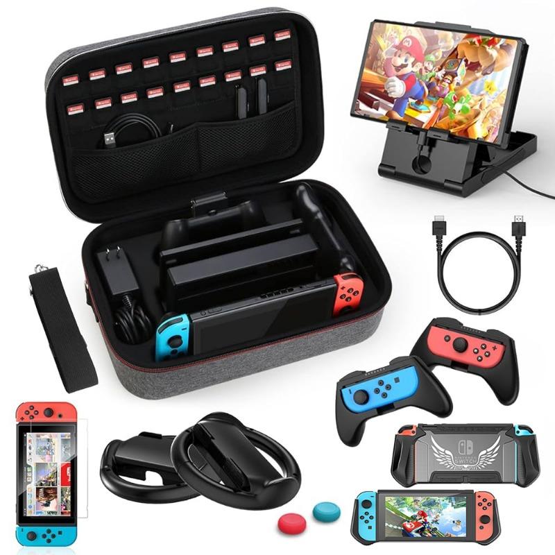 

Сумка большого размера 12 в 1, подходящая для Nintendo Switch, оснащена ручкой из закаленной пленки и другими аксессуарами серый
