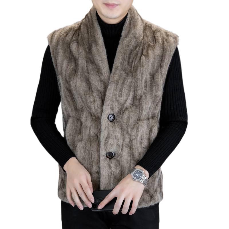 Men's Winter 2025 Faux Leather & Golden Mink Velvet Fur-Integrated Thick Gilet Jacket