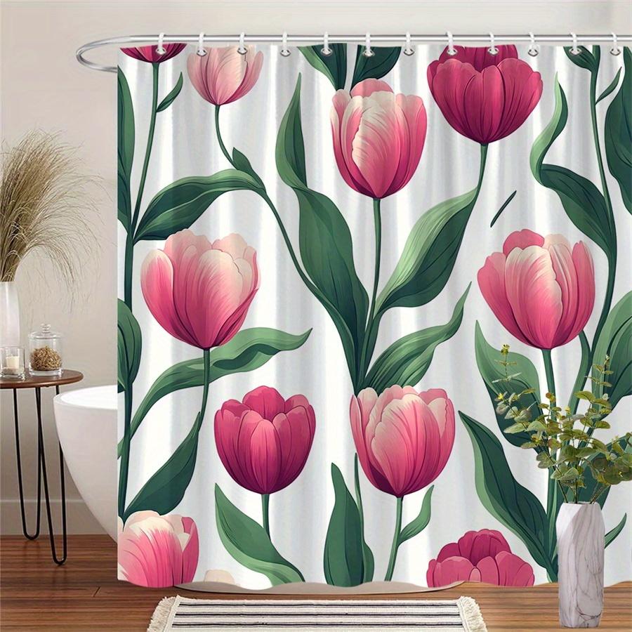 

1Pcs Pink Tulip Floral Shower Curtain, Polyester Fabric, Machine Washable, With Hook, Suitable For Bathroom Decoration W60H190(CM)-1 Pcs