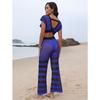 Women's Beach Patchwork Sexy Deep V Lace Up Top Micro Flared Pants Two Piece Set