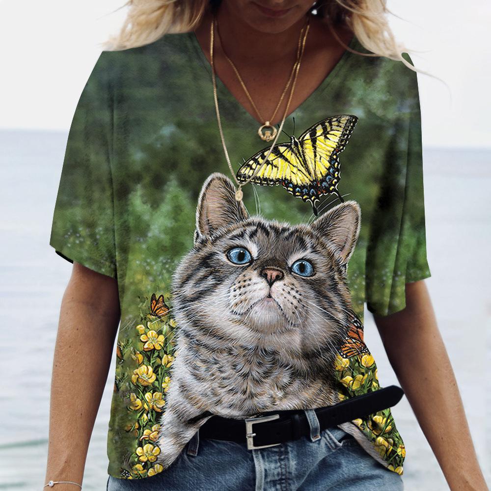 2025 Summer New 3D Cat Print Tee Loose Retro Women's V-neck Short Sleeved Street Style T-shirt Casual Top