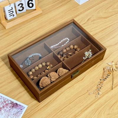 Walnut Grain Jewelry & Glasses Storage Box - Light Luxury, Retro, Dustproof, Large Capacity Display