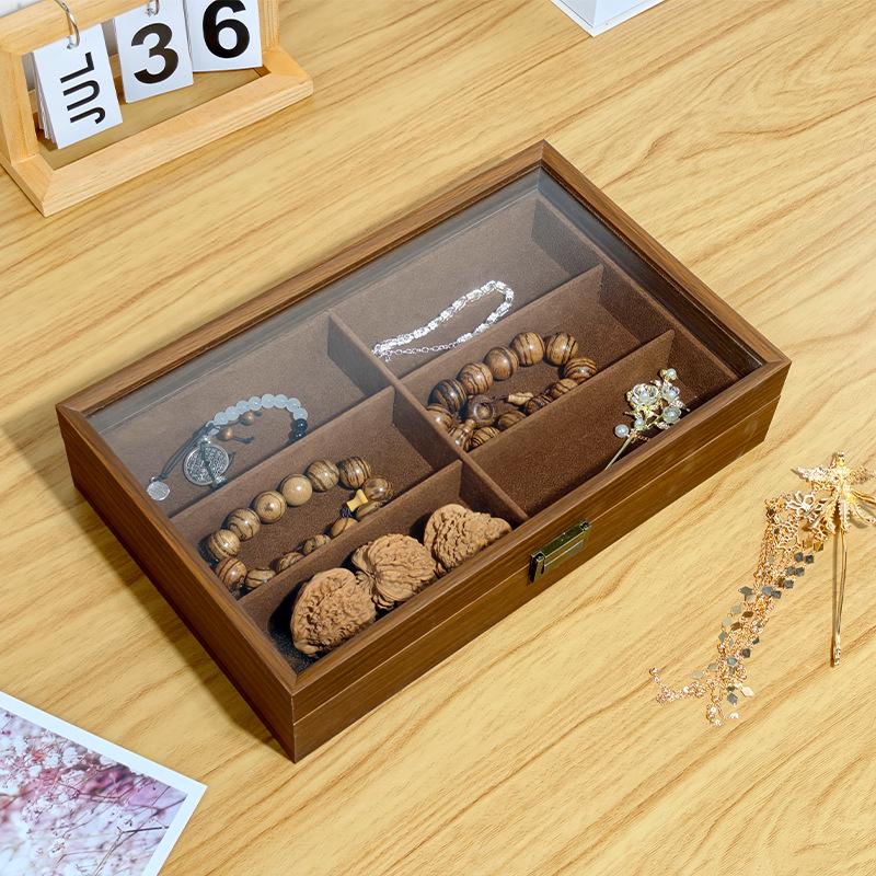 Walnut Grain Jewelry & Glasses Storage Box - Light Luxury, Retro, Dustproof, Large Capacity Display