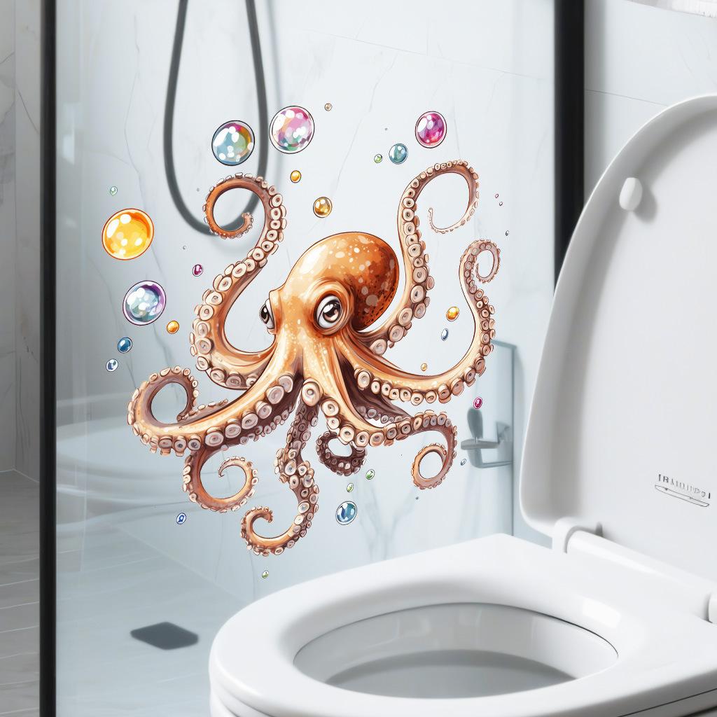 Cute Octopus and Bubbles Wall Stickers, Removable Anti-Static Waterproof Self-Adhesive PVC Decals for Kids Room Bathroom Living Room Decoration
