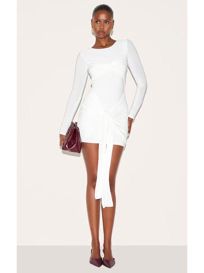 

2025 New European & American Style Women s Mushroom Slinky Long Sleeve Twist Detail Mini Dress XL білий