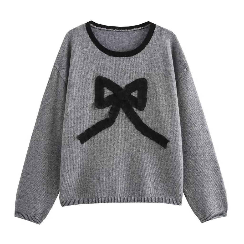 2024 Autumn Women's European & American Style 3D Bow Color Block Round Neck Knit Sweater