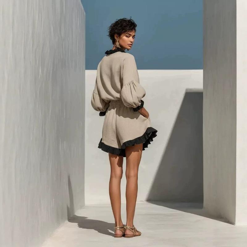 Women S Two Piece Set Hoodie And High Waist Shorts With Ruffle Hem