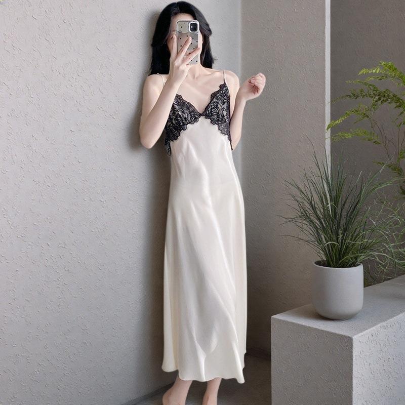 Ice and snow silk long dress women's summer sexy pajamas long suspender nightdress ice lace backless loungewear with chest pad