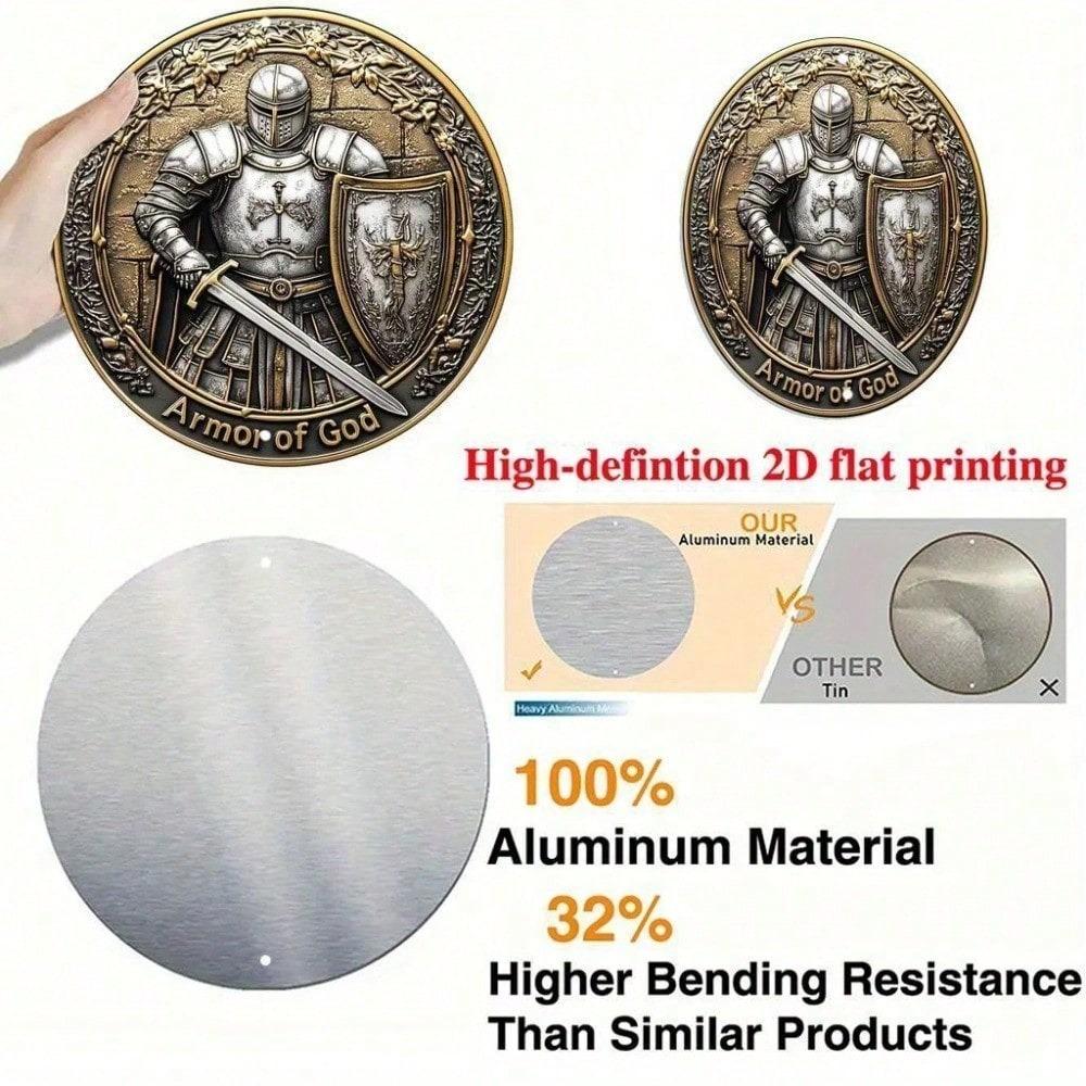 2D Flat Aluminum Armor Warrior Round Sign 7.87x7.87 Inch Metal Wall Art Unique Themed Gift Home Seasonal Decoration 1pc