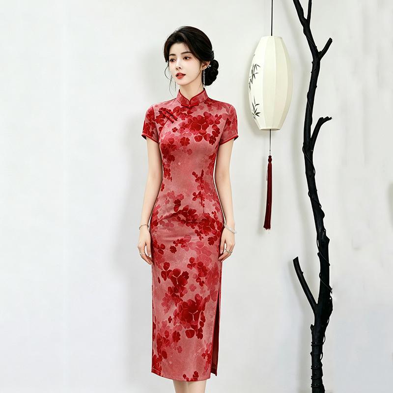 Red national style new Chinese style small medium and long cheongsam improved young women's high-end sense retro short sleeve summer