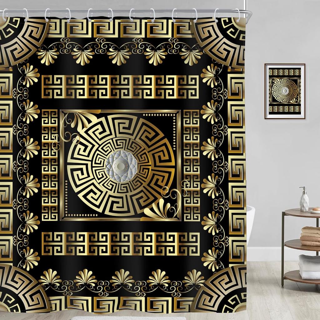 Black Gold Geometric Shower Curtain Vintage Greek Key Abstract Modern Classic Retro Antique Luxury Simple For Man Males Fabric
