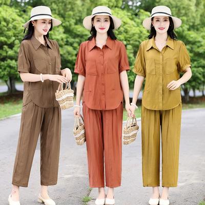 Women's Loose Fitting Shirt+long Pants Summer Set Short Sleeved Classic Top Solid Color 2024 Side Zipper Plus Size Women