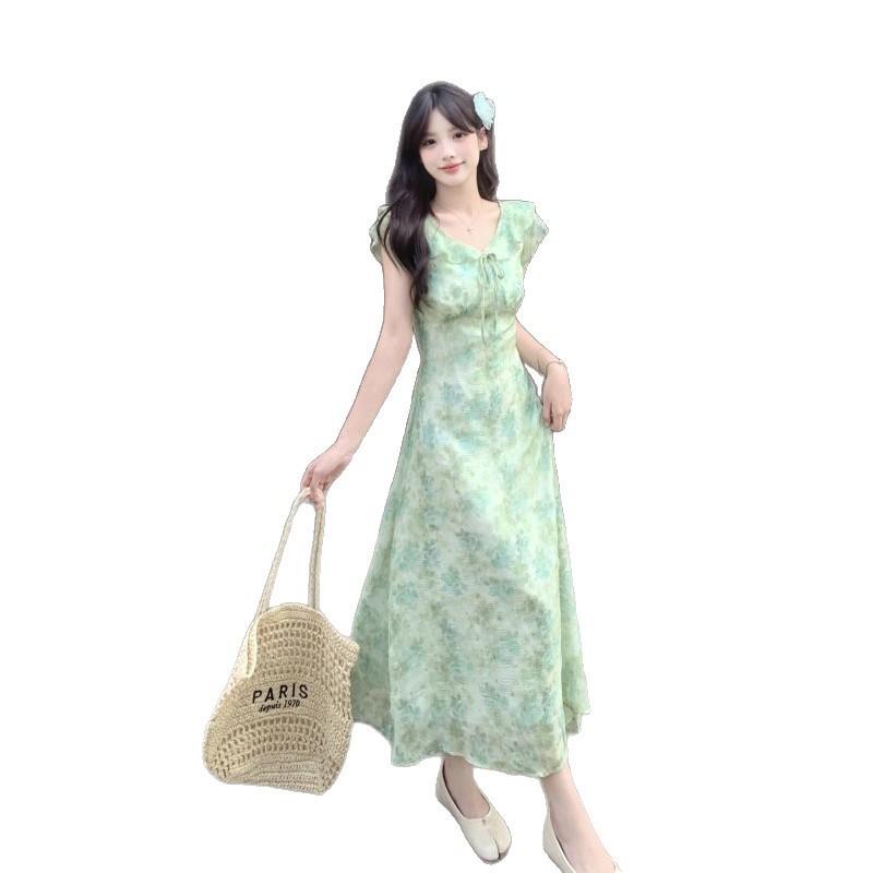 Womens Floral Print Midi Dress With Flutter Sleeves V-Neck Vacation