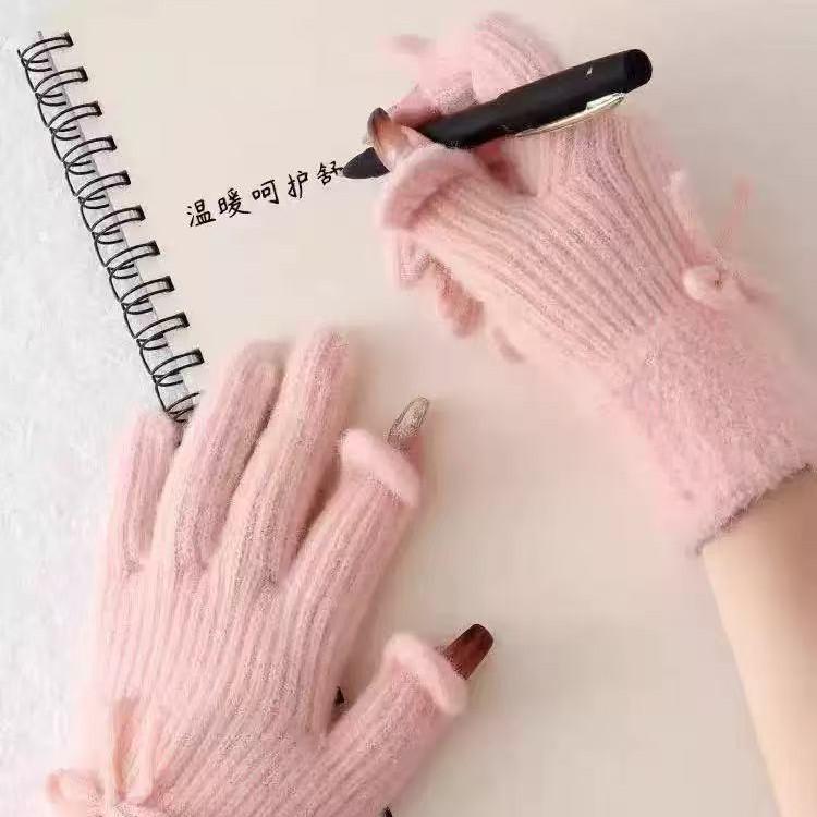Cross-border Korean Style Cute Bow Wool Winter Gloves - Warm, Windproof, Full Five-Finger Design