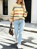 Wish Spring Women's Off-White Striped Loose Knit Round Neck Sweater