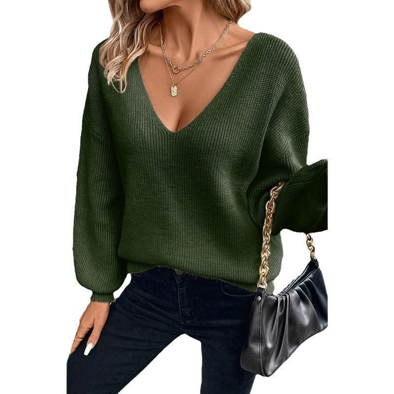 2025 Women's V-neck Pullover Sweater with Bow Back – European & American Winter Collection
