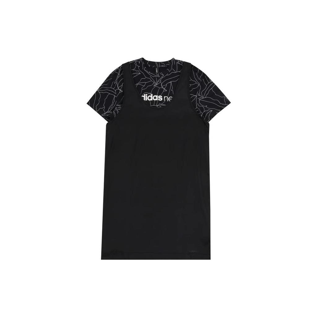 adidas Neo Women's Black Faux Two-Piece Printed Short-Sleeve Dress CZ1700