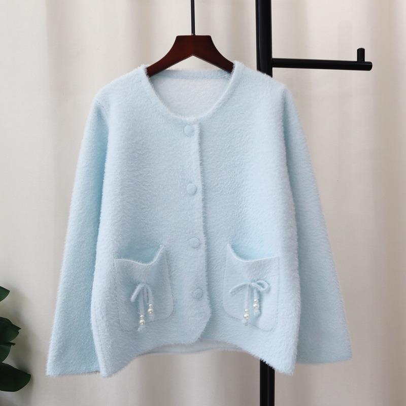 Bow imitation mink velvet knitted cardigan autumn and winter new round neck high-end sweater jacket women