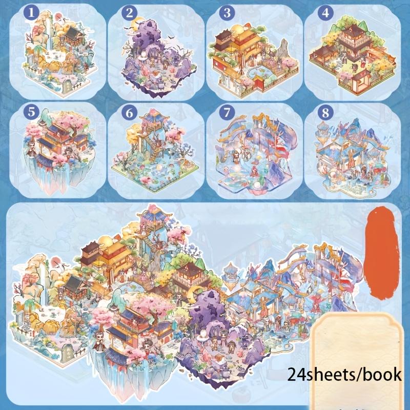 24Sheets/book Stickers Mythical Tales Series Miniature Landscape Stickers For Decompression Collage Landscape DIY Decoration