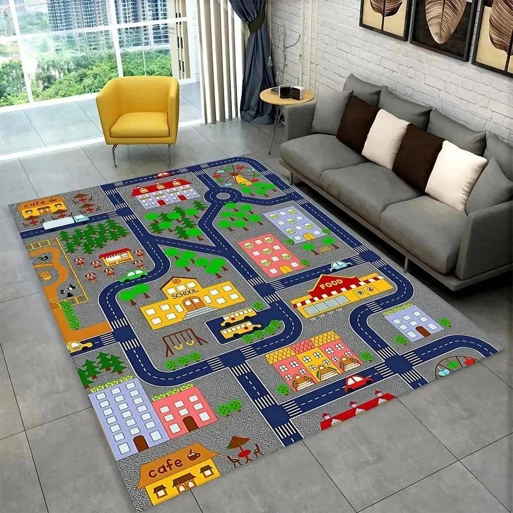 Child Playroom Floor Mat Highway City Traffic-Themed Carpet Rug for Kids Large Non-Slip Area Rug Ideal for Bedroom Home Decor