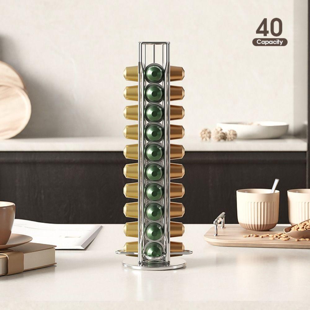 Large Capacity Coffee Pod Holder 360 Degree Rotatable Metal Coffee Pods Organizer Save Space 40pcs Coffee Capsule for Nespresso