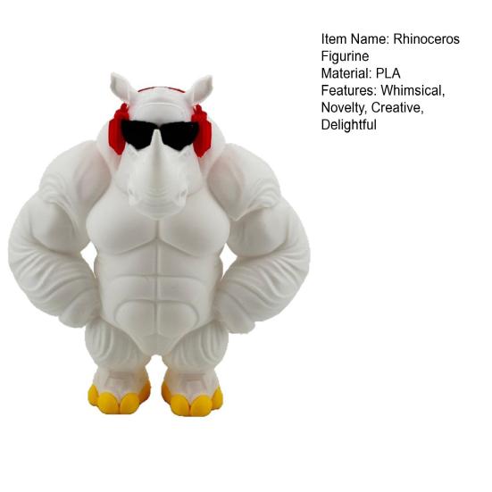 Funny Rhinoceros Desktop Statue 3D Printed Muscle Animal Figurine with Sunglasses And Headphones Novelty Cool Rhinoceros Ornament for Home Decor