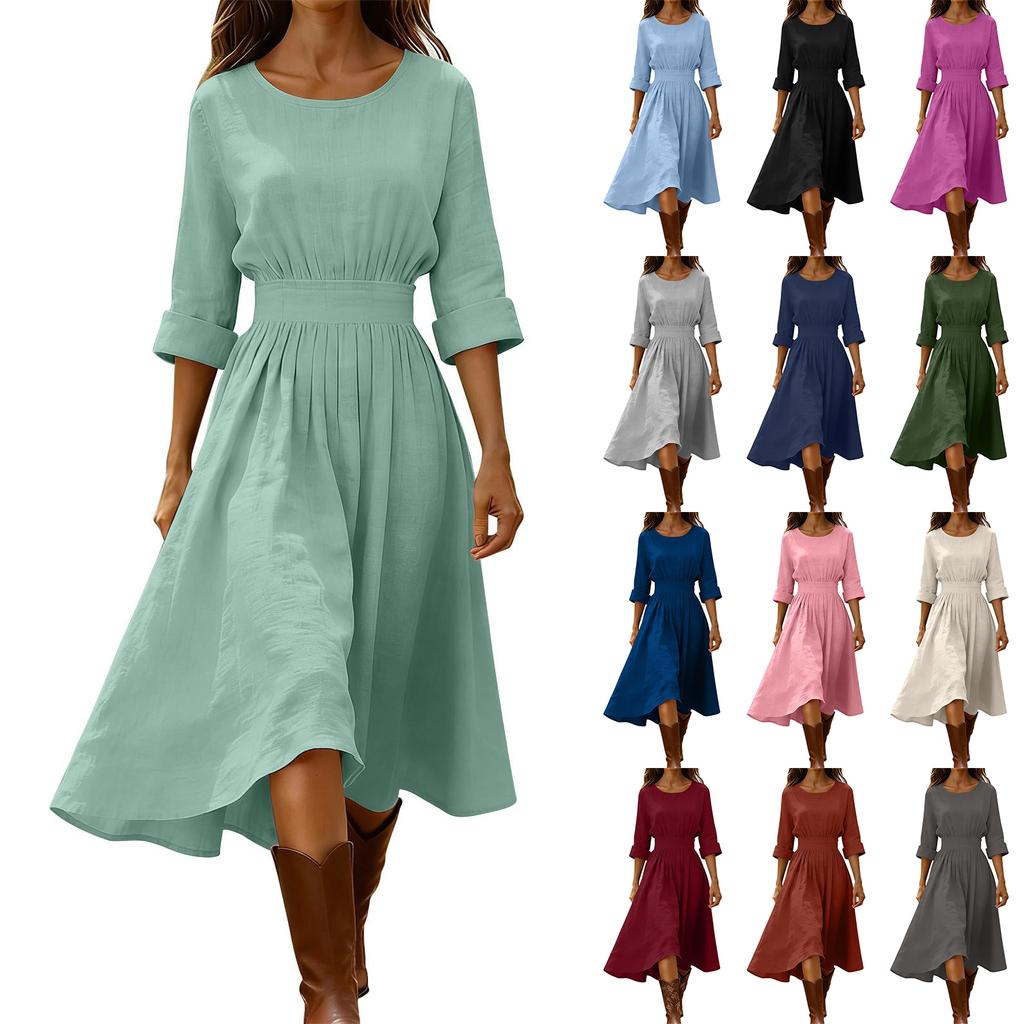 Women’s Casual Long Sleeve Crew Neck Dress with Waist Design Cotton Linen Material Relaxed Fit Midi Length for Everyday Wear