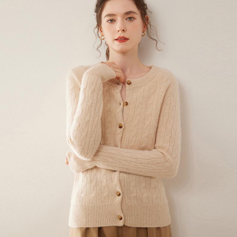 Women's French Style Cable Knit Cashmere Cardigan - Round Neck, Solid Color, Thick, Versatile, Loose Fit Sweater.