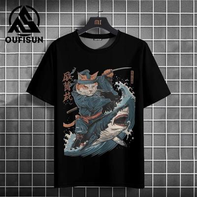 2024 Japanese Style Men's T-Shirt Samurai Cat Pattern T-Shirt Casual Loose Short Sleeved Tees Oversized Men Clothing Tops Summer